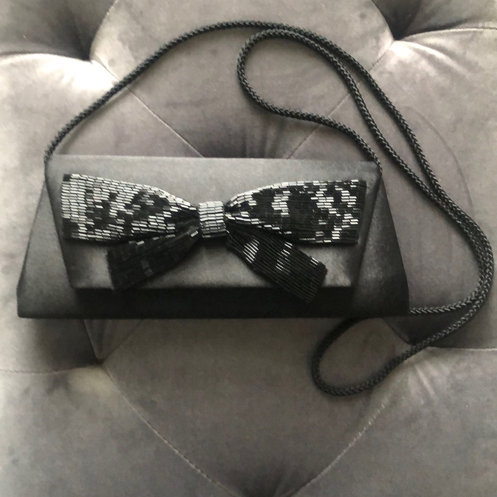 Sasha Black Satin Bag With Beaded Bow, Tuckable Shoulder Strap